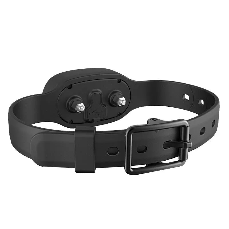 Black rechargeable remote dog training collar with waterproof receiver unit and handheld transmitter.