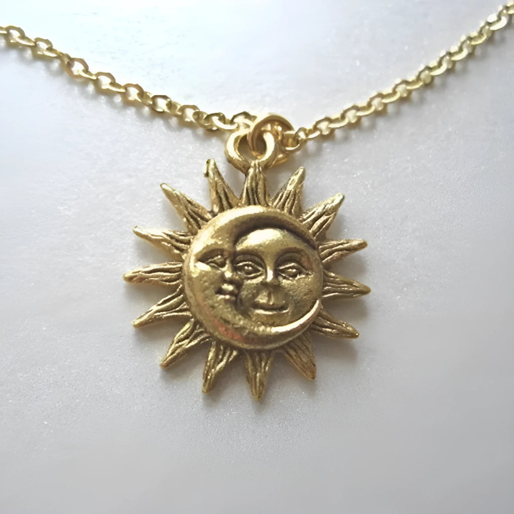 Sun moon pendant necklace for women in gold or silver alloy with geometric charm, 21cm to 50cm circumference
