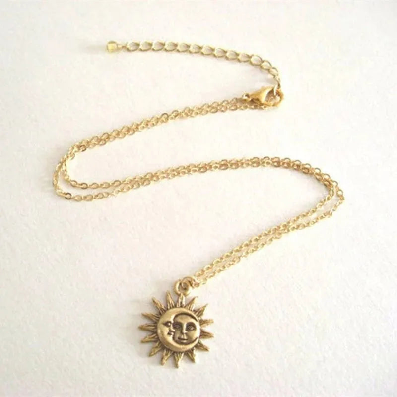 Sun moon pendant necklace for women in gold or silver alloy with geometric charm, 21cm to 50cm circumference