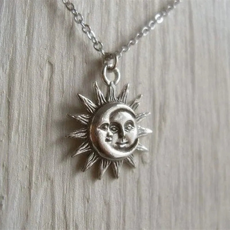 Sun moon pendant necklace for women in gold or silver alloy with geometric charm, 21cm to 50cm circumference
