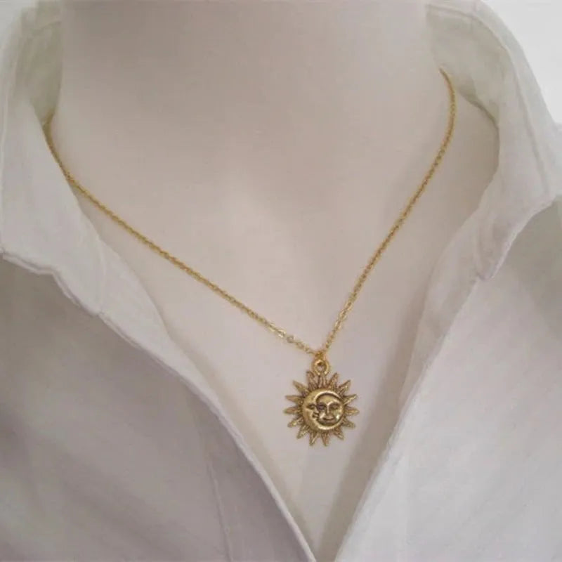 Sun moon pendant necklace for women in gold or silver alloy with geometric charm, 21cm to 50cm circumference