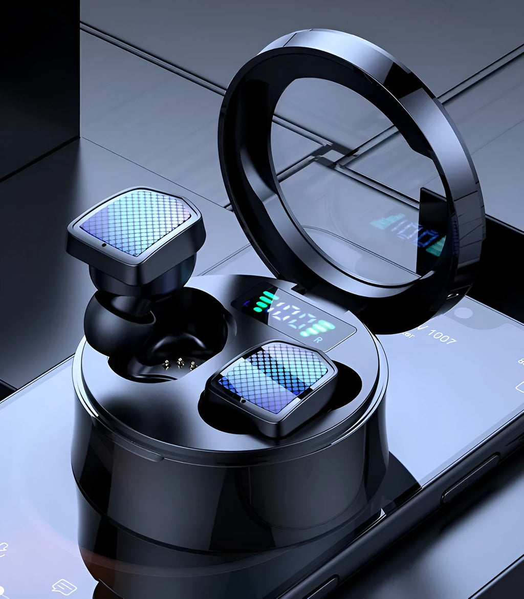 Black wireless Bluetooth TWS earbuds with charging case showing silicone ear tips and compact design