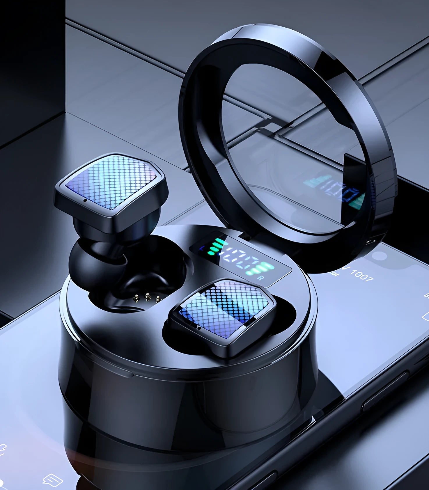 Black wireless Bluetooth TWS earbuds with charging case showing silicone ear tips and compact design