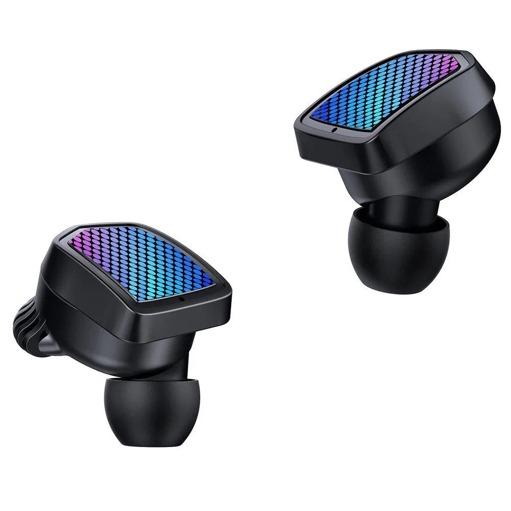 Black wireless Bluetooth TWS earbuds with charging case showing silicone ear tips and compact design