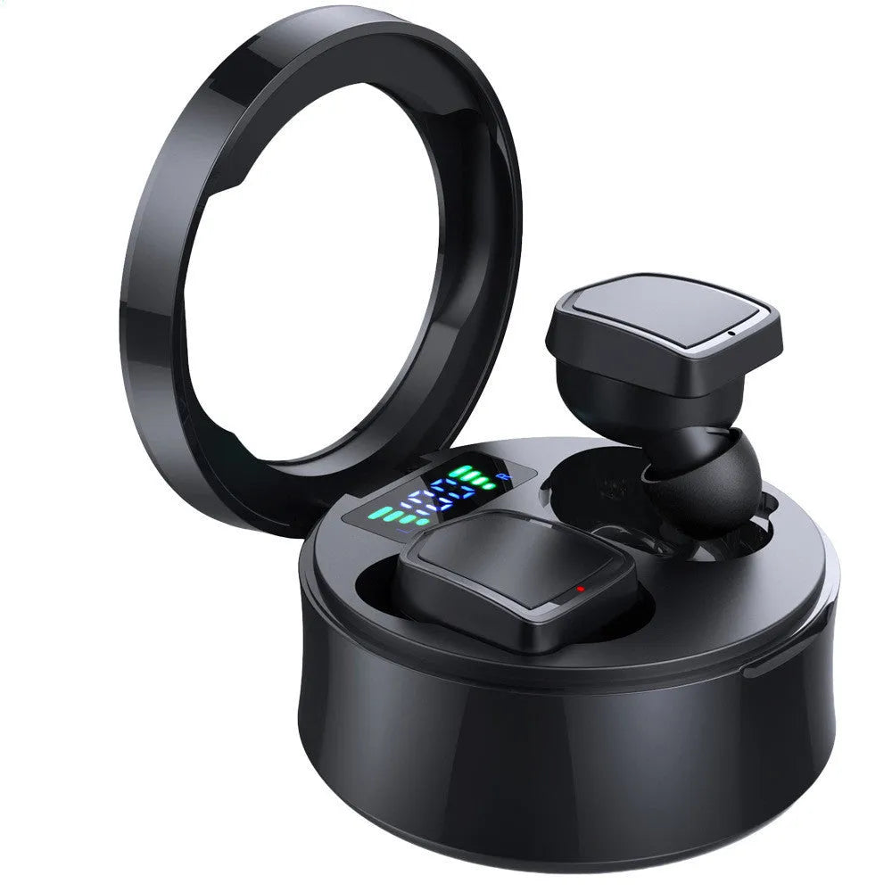 Black wireless Bluetooth TWS earbuds with charging case showing silicone ear tips and compact design