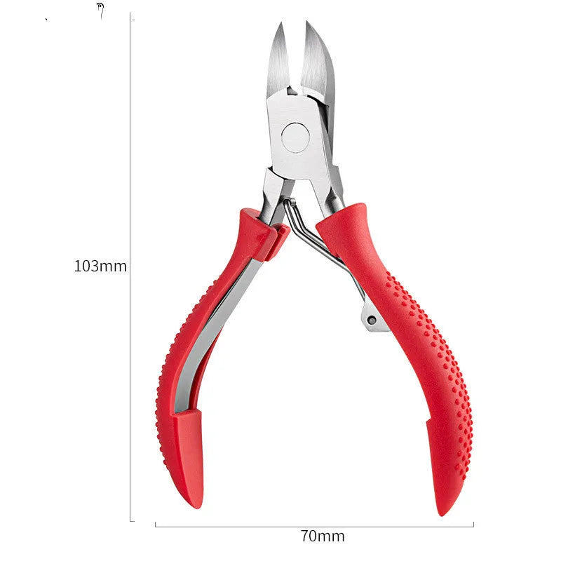 Professional stainless steel manicure set with nail clippers, dead skin scissors, trumpet tool, and coloured ABS handles.