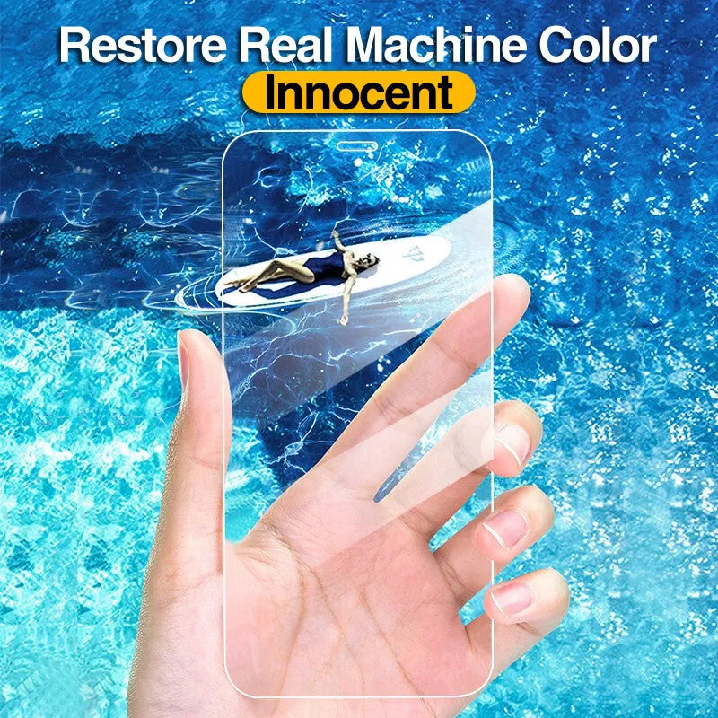 Four-piece pack of clear tempered glass screen protectors for various iPhone models on a white background.