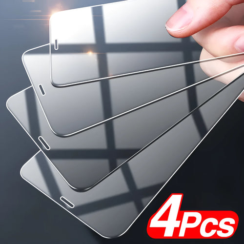 Four transparent full cover tempered glass screen protectors for Apple iPhone models.
