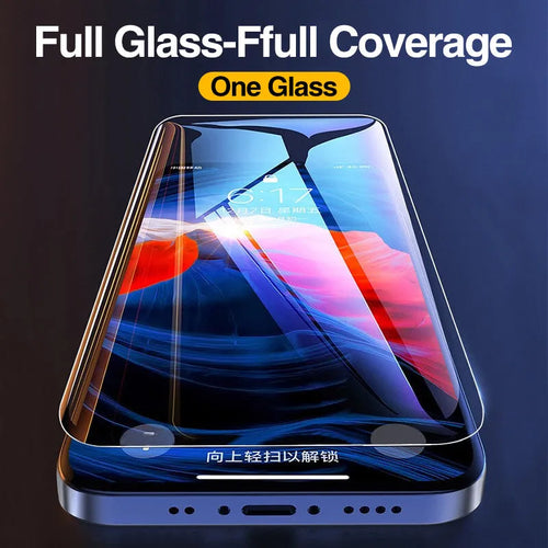 Four transparent full cover tempered glass screen protectors for Apple iPhone models.