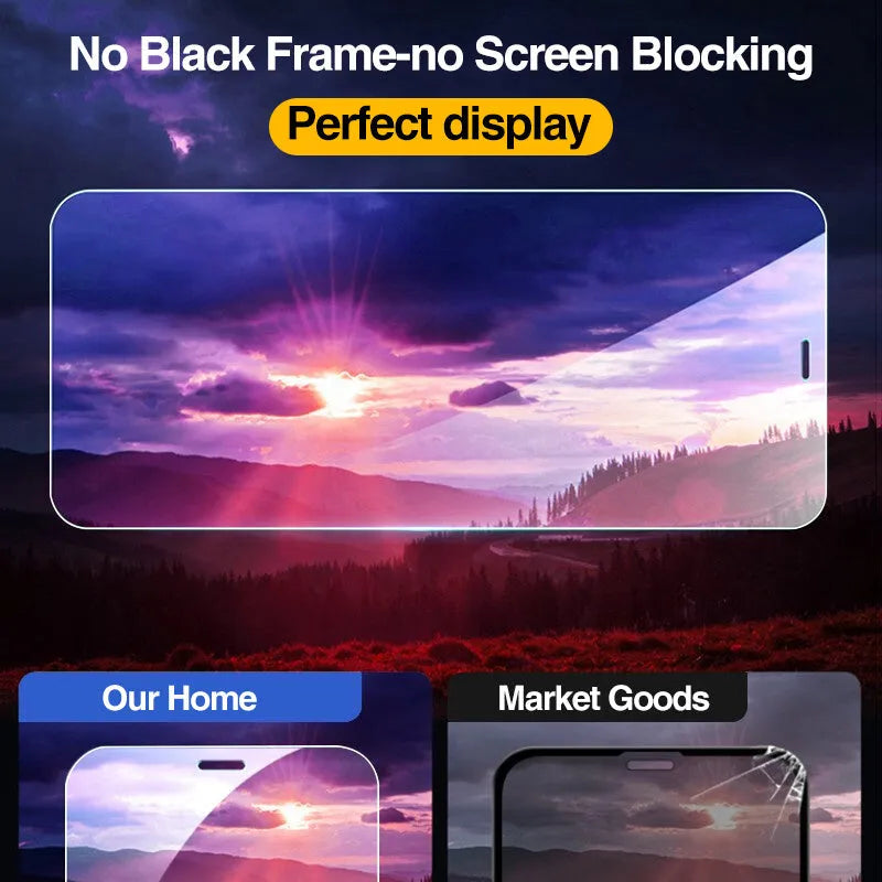 Four-piece pack of clear tempered glass screen protectors for various iPhone models on a white background.