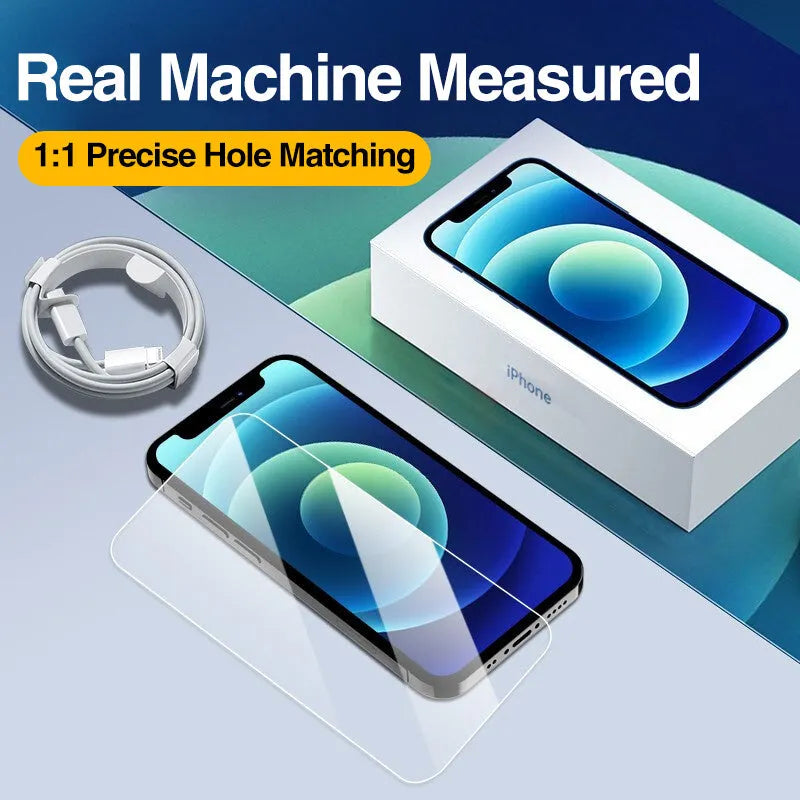 Four-piece pack of clear tempered glass screen protectors for various iPhone models on a white background.