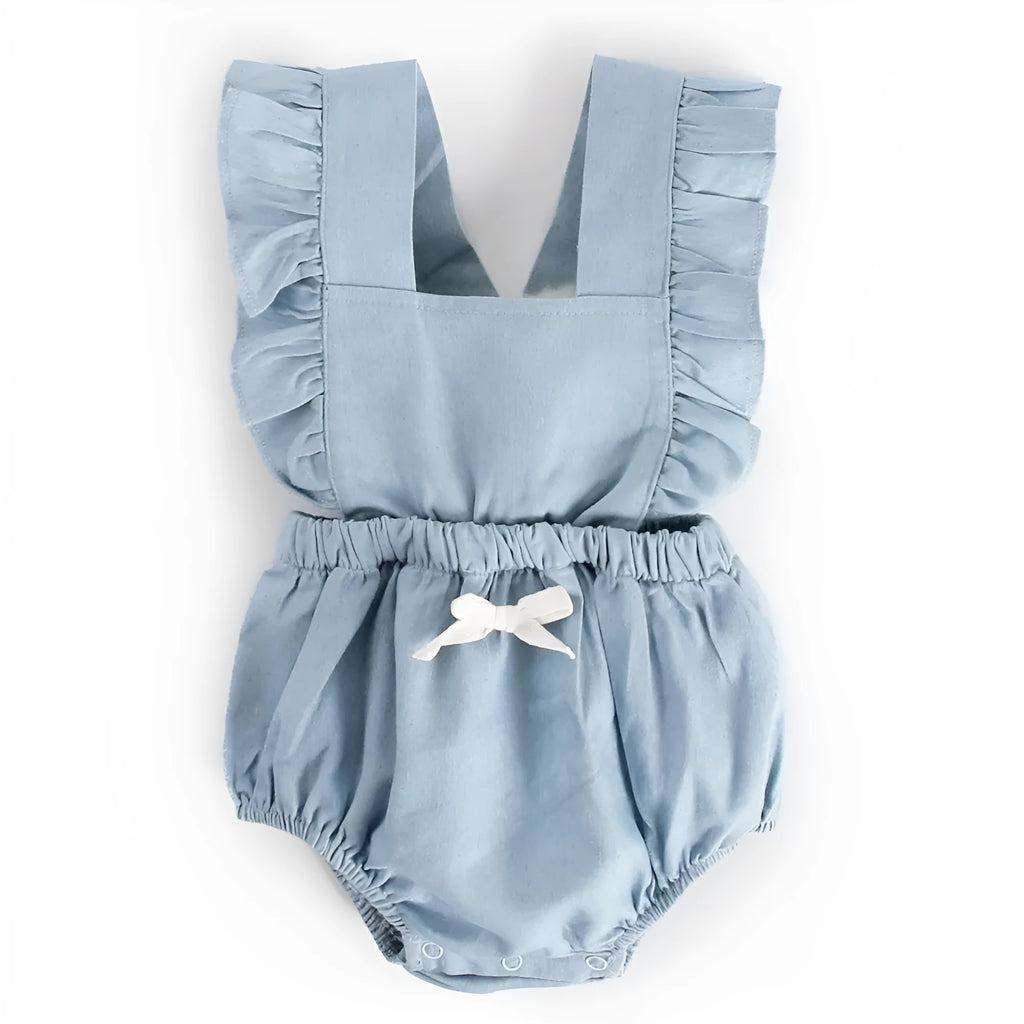 Blue denim sleeveless baby romper with princess style and triangle climb detail for ages 0-3 years