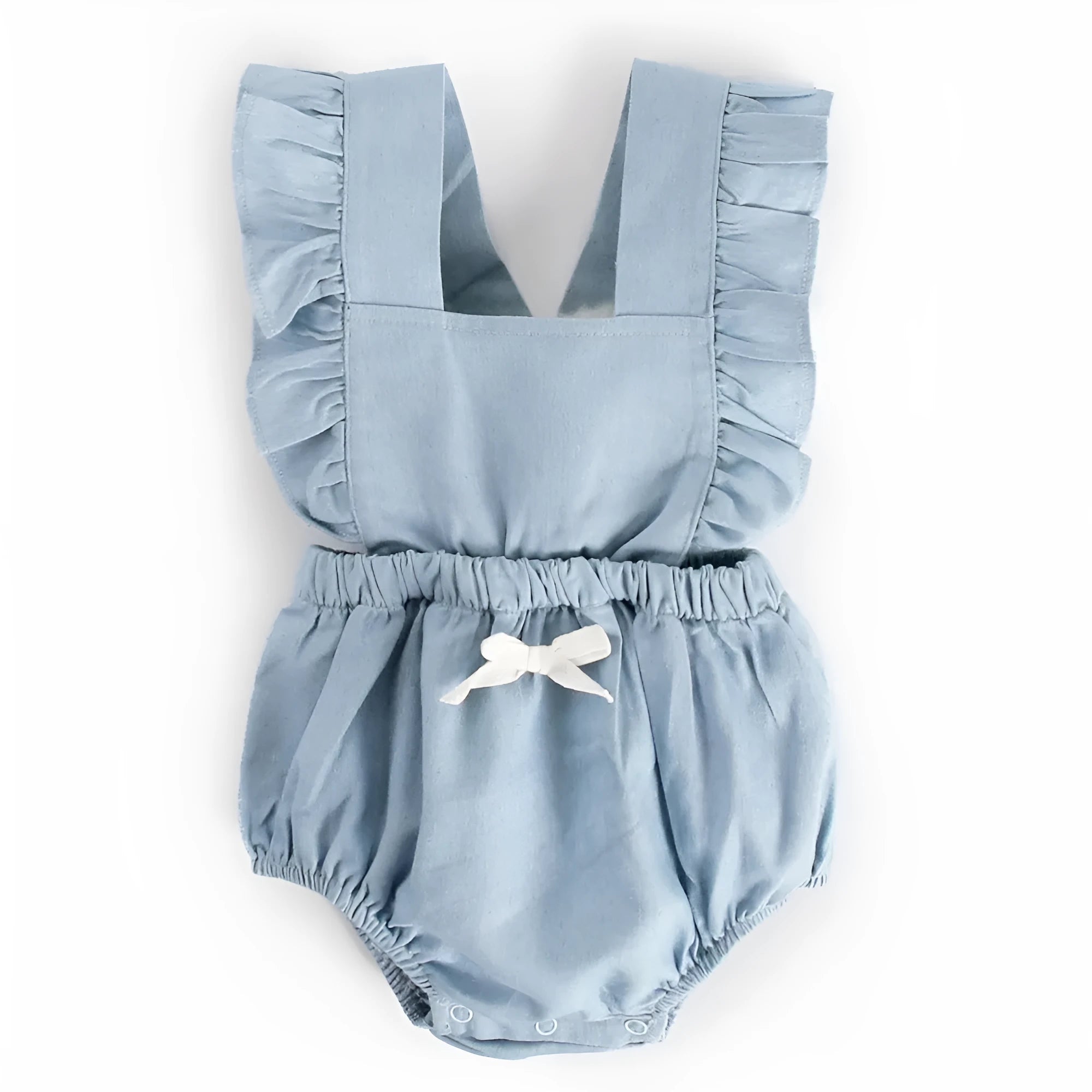 Blue denim sleeveless baby romper with princess style and triangle climb detail for ages 0-3 years