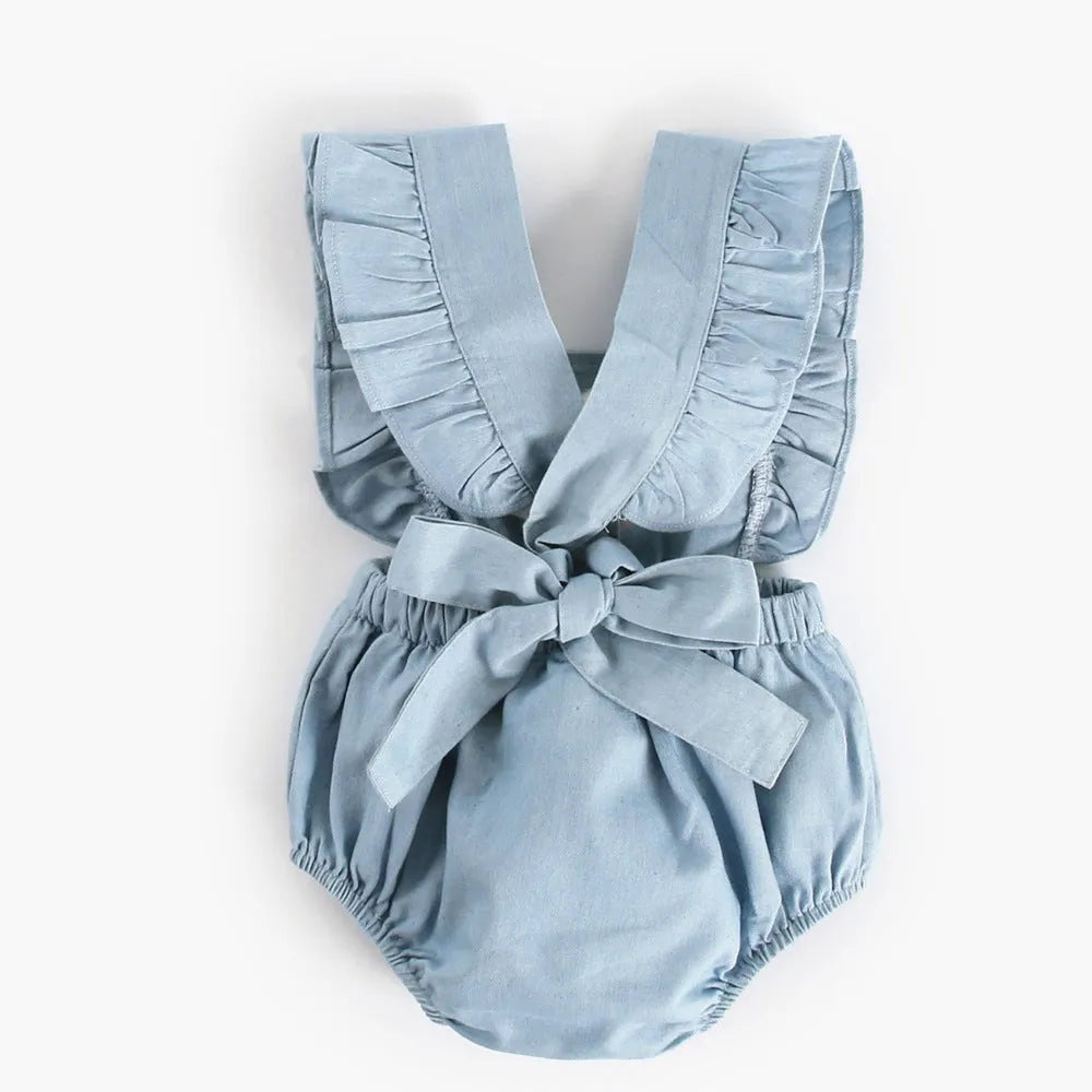 Blue denim sleeveless baby romper with princess style and triangle climb detail for ages 0-3 years