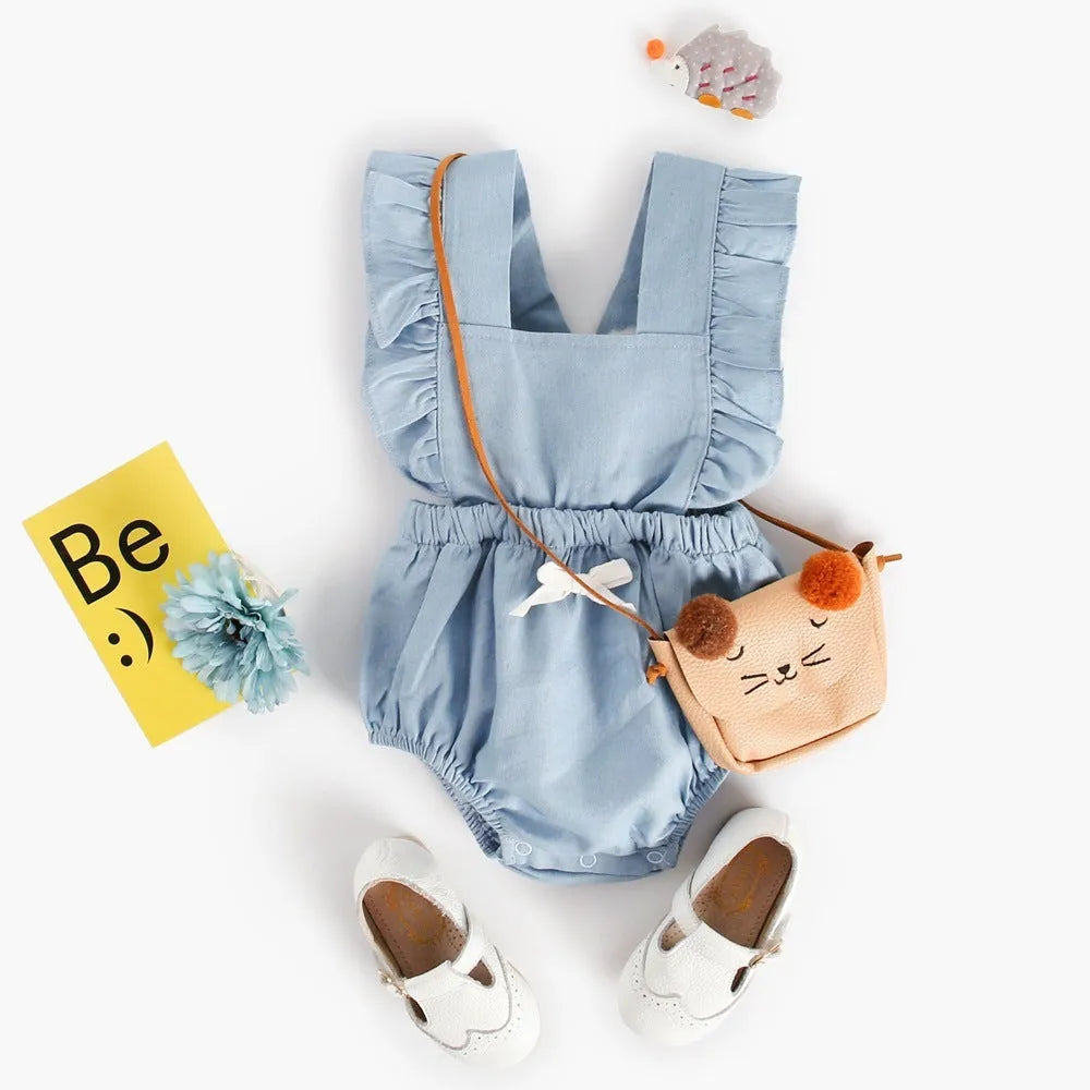 Blue denim sleeveless baby romper with princess style and triangle climb detail for ages 0-3 years