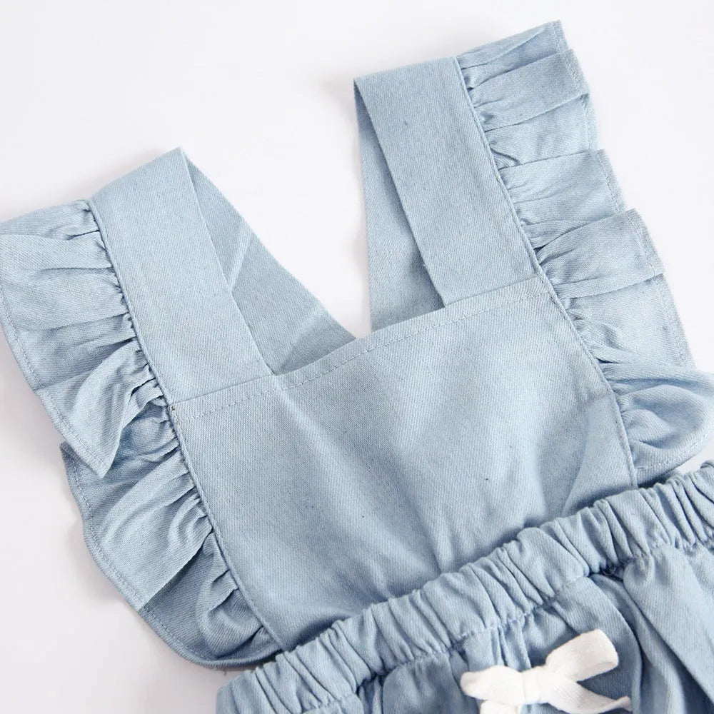Blue denim sleeveless baby romper with princess style and triangle climb detail for ages 0-3 years