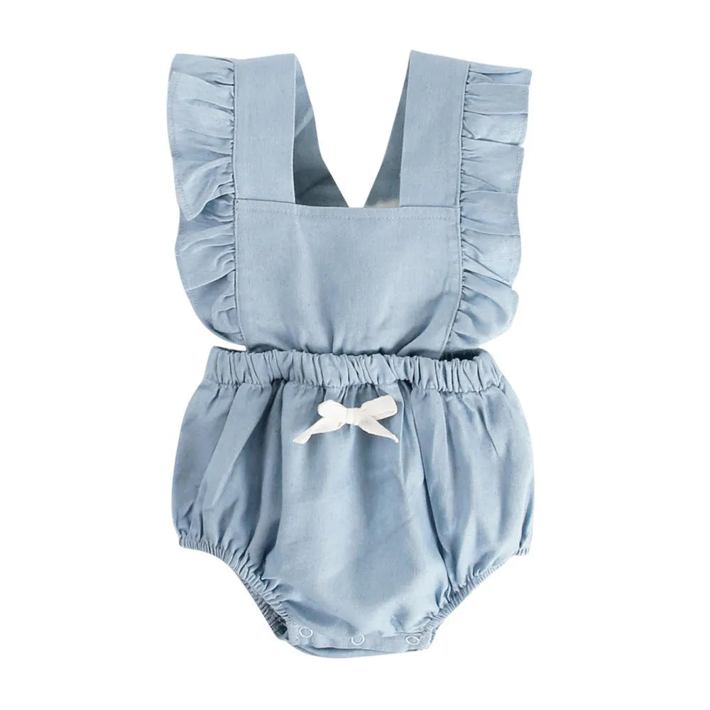Blue denim sleeveless baby romper with princess style and triangle climb detail for ages 0-3 years