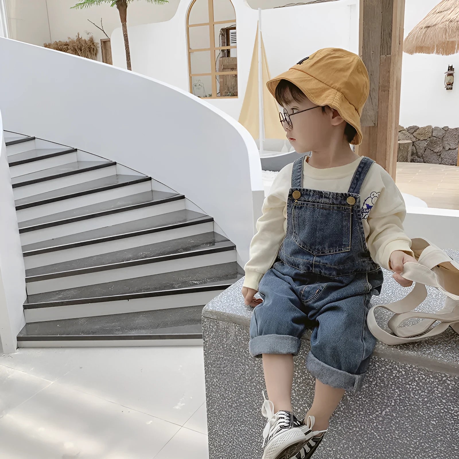 New boys and girls denim overalls Korean style soft treated cotton denim open crotch elastic waist Denim Blue
