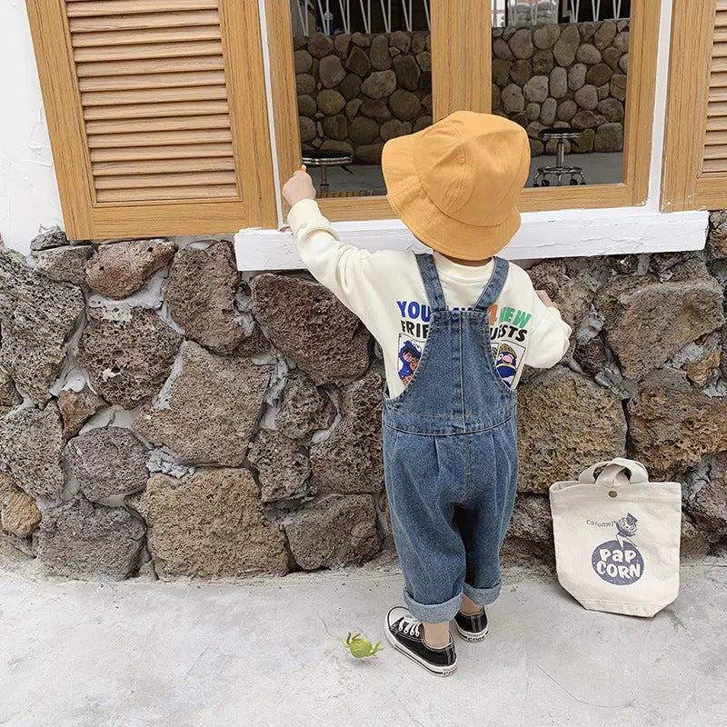 New boys and girls denim overalls Korean style soft treated cotton denim open crotch elastic waist Denim Blue