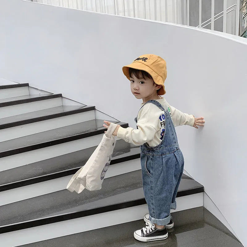 New boys and girls denim overalls Korean style soft treated cotton denim open crotch elastic waist Denim Blue