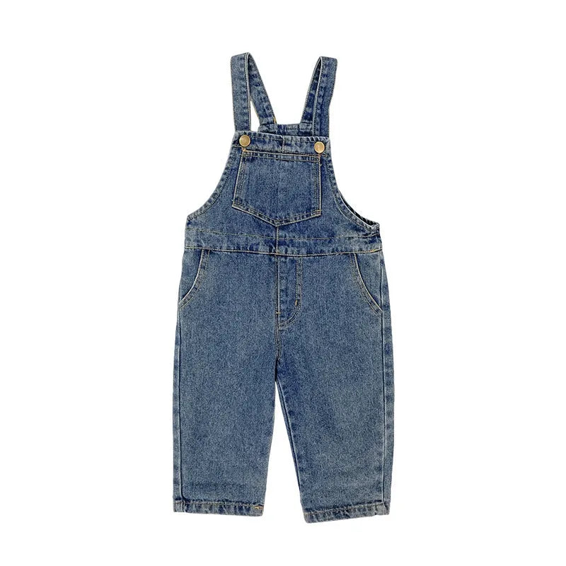 New boys and girls denim overalls Korean style soft treated cotton denim open crotch elastic waist Denim Blue