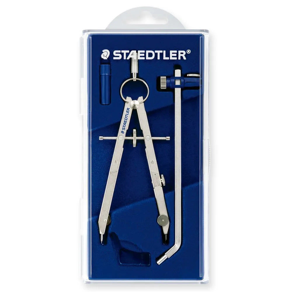 STAEDTLER 551 01 German-made steel precision car drafting compass with telescopic rod, shown extended.
