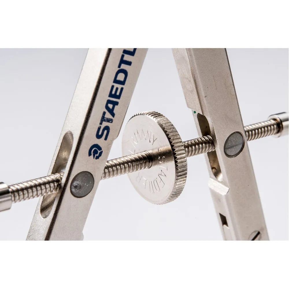 STAEDTLER 551 01 German-made steel precision car drafting compass with telescopic rod, shown extended.