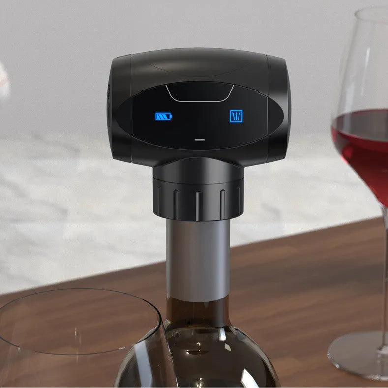Black electric wine vacuum stopper with a separate manual pump for preserving red and white wine.