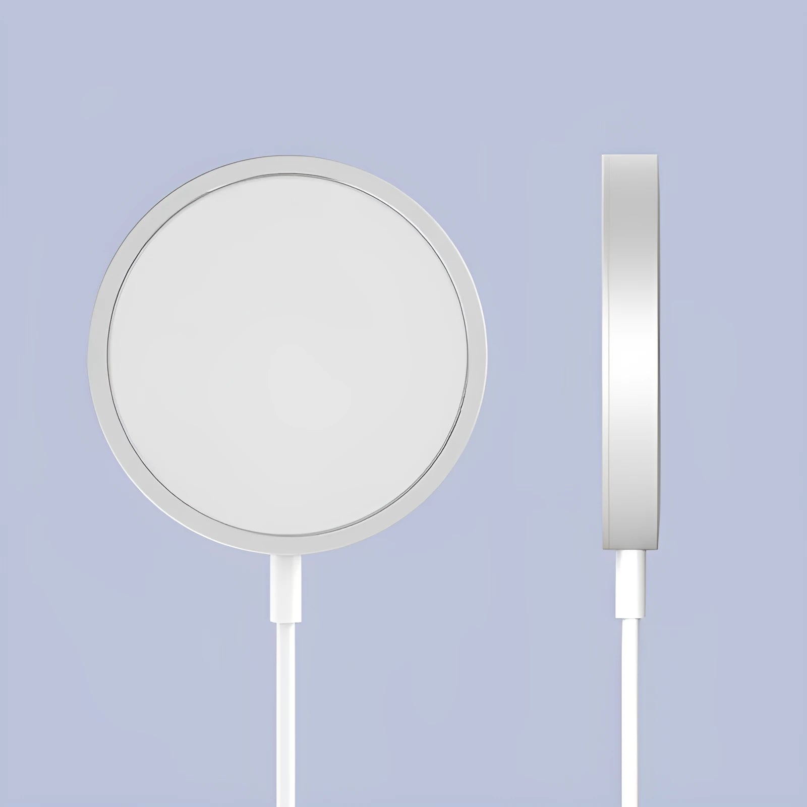 Silver metal Magsafe-compatible magnetic wireless charger for iPhone on a wooden table