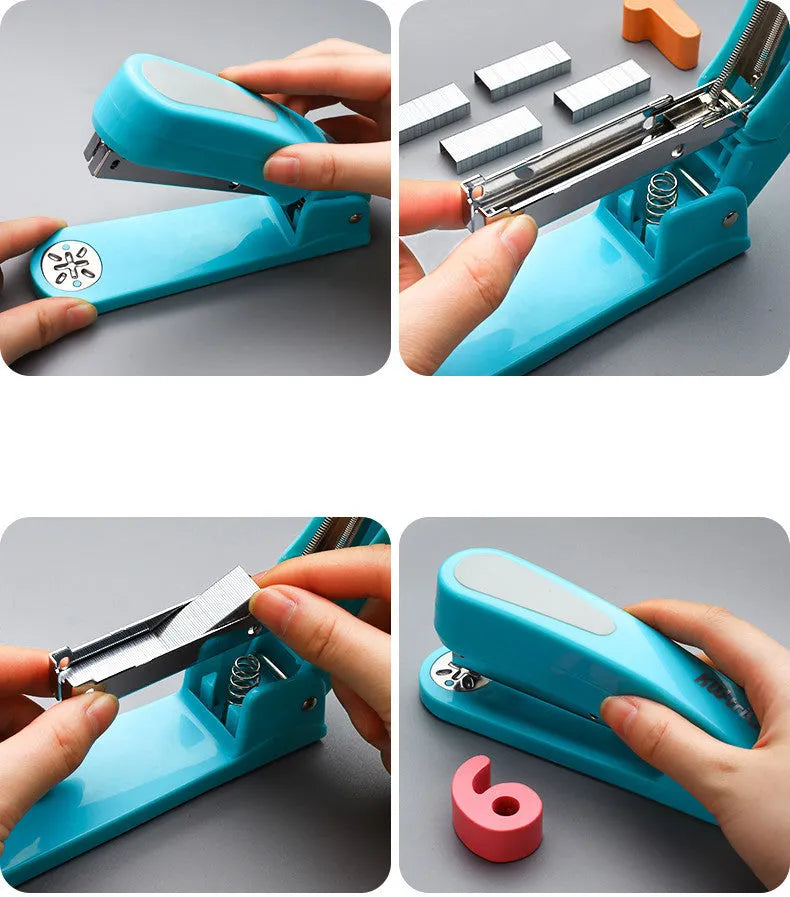 Black rotatable stapler with 360-degree rotating head on a desk next to stacked A4 paper.