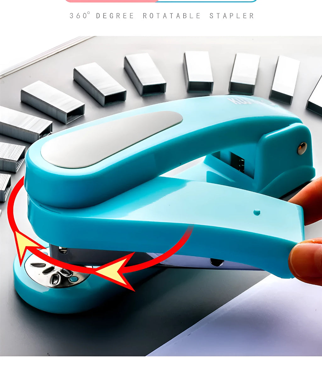 Black rotatable stapler with 360-degree rotating head on a desk next to stacked A4 paper.