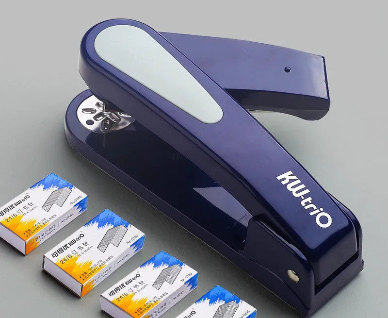 Black rotatable student stapler showing 360-degree rotation and centre seam binding function