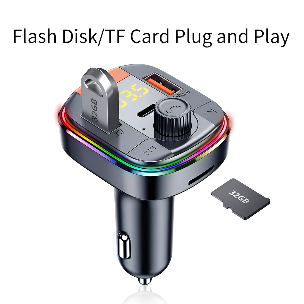 Black car Bluetooth MP3 player and fast charger unit with colourful LED lights, shown inserted into a car cigarette lighter.