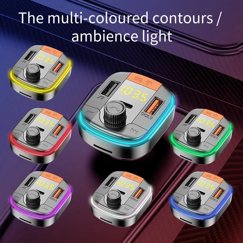 Black car Bluetooth MP3 player and fast charger unit with colourful LED lights, shown inserted into a car cigarette lighter.
