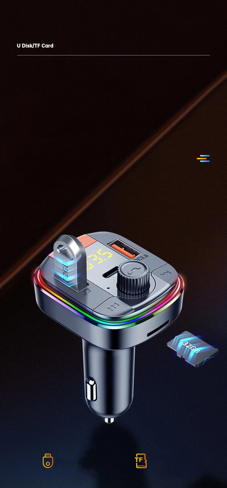 Black car Bluetooth MP3 player and fast charger unit with colourful LED lights, shown inserted into a car cigarette lighter.