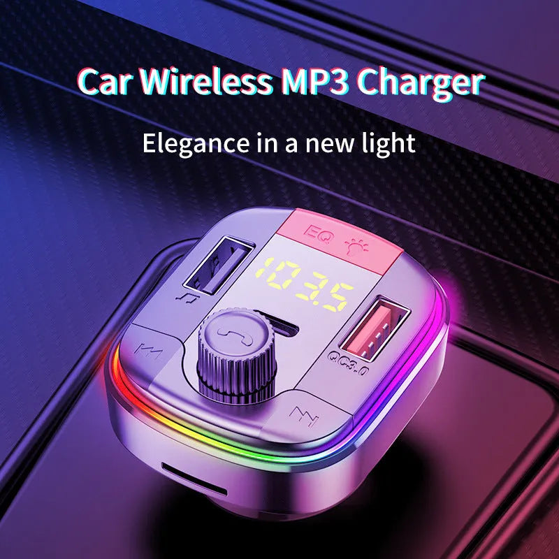 Black car Bluetooth MP3 player and fast charger unit with colourful LED lights, shown inserted into a car cigarette lighter.