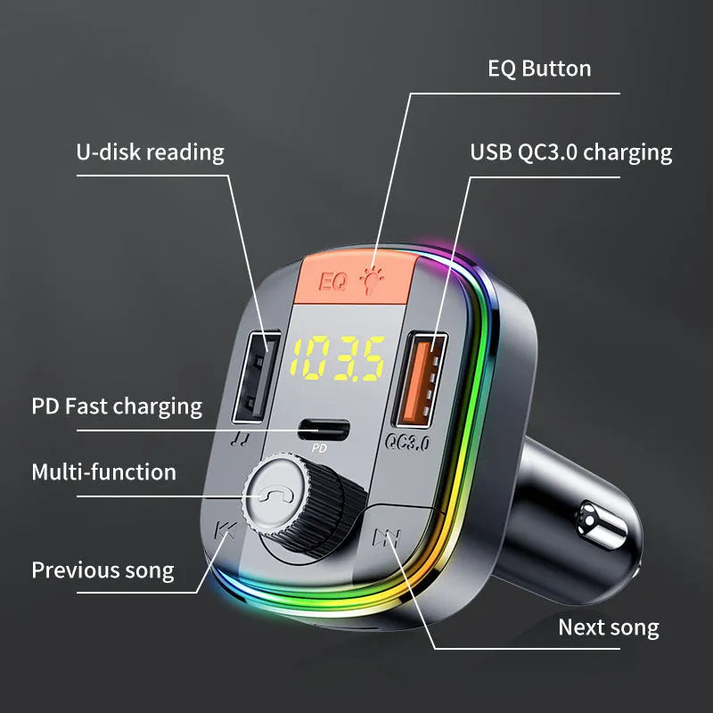 Black car Bluetooth MP3 player and fast charger unit with colourful LED lights, shown inserted into a car cigarette lighter.