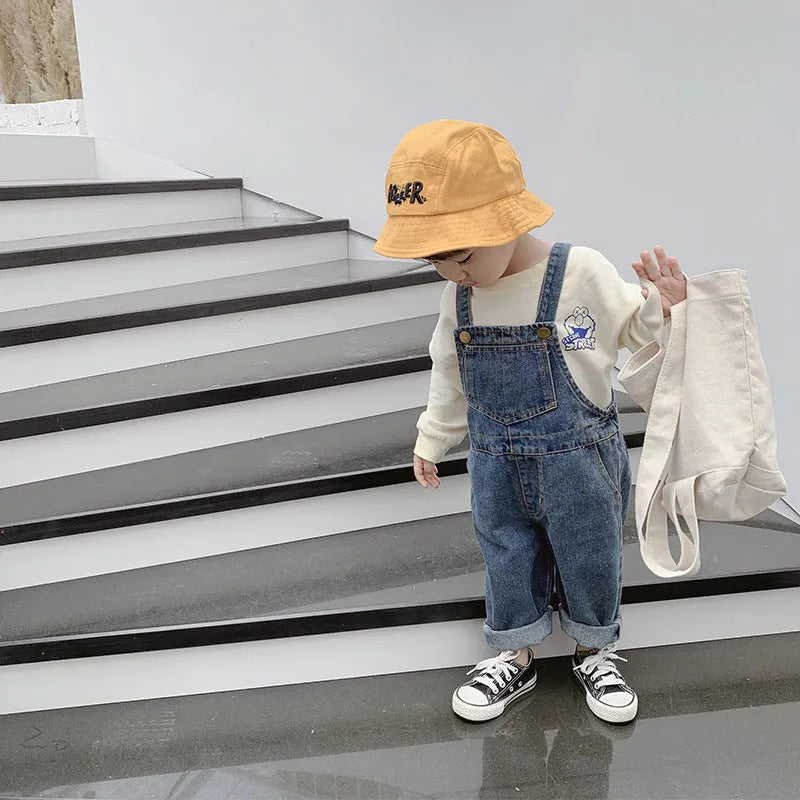 New boys and girls denim overalls Korean style soft treated cotton denim open crotch elastic waist Denim Blue