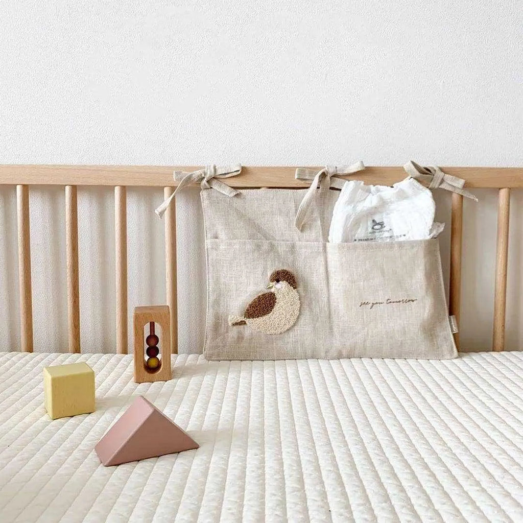 Khaki cotton linen hanging storage bag with single pocket for bedside organisation