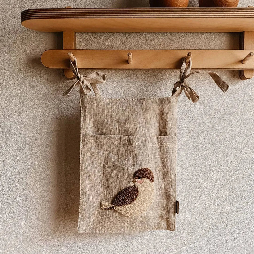 Khaki cotton linen hanging storage bag with single pocket for bedside organisation