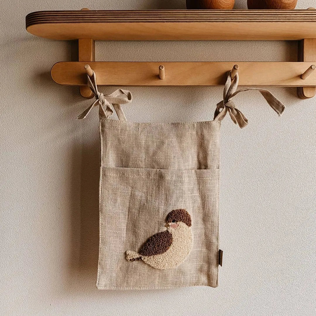Khaki cotton linen hanging storage bag with single pocket for bedside organisation