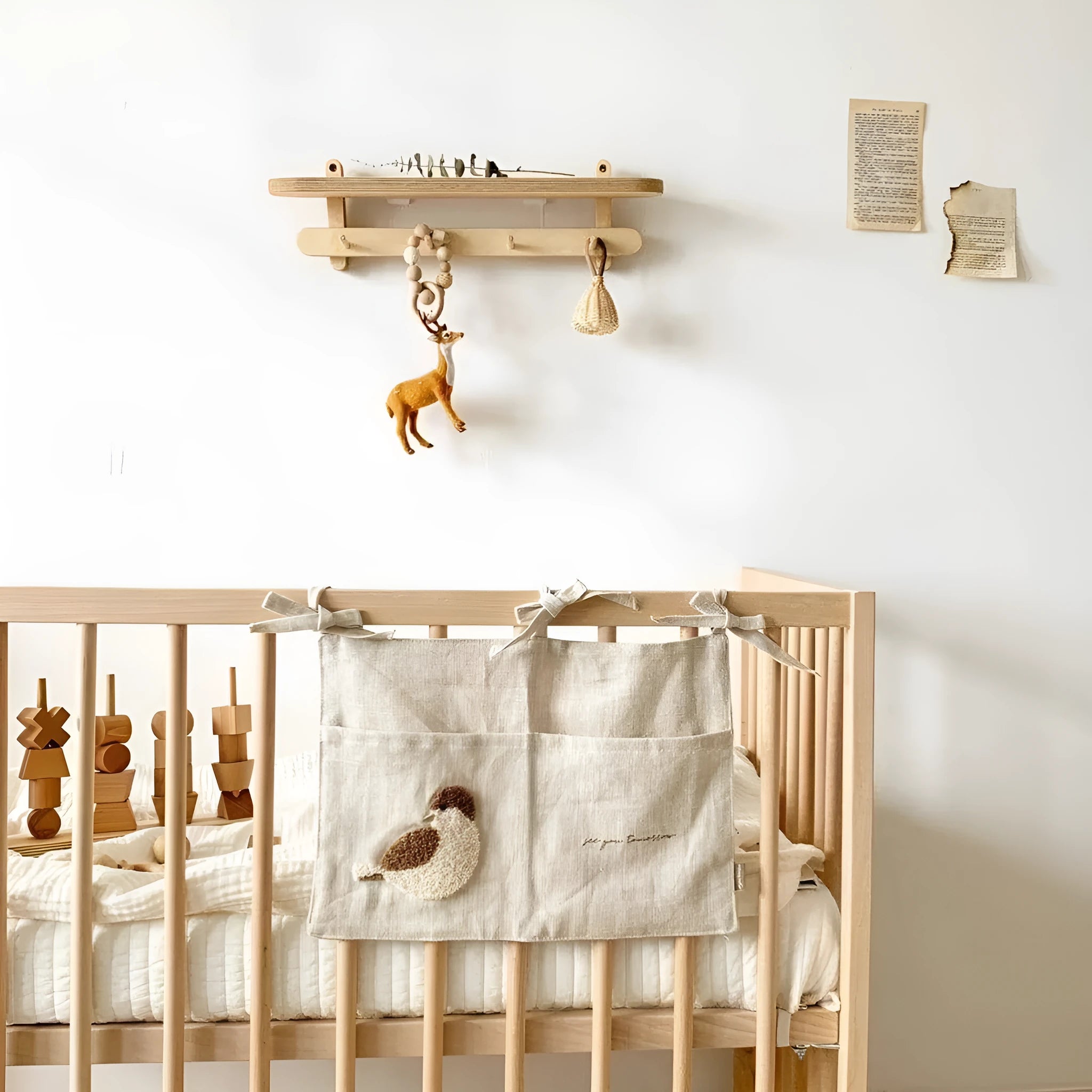 Khaki cotton linen hanging storage bag with single pocket for bedside organisation