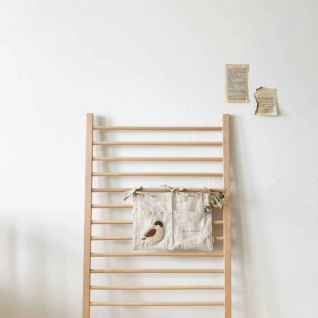 Khaki cotton linen hanging storage bag with single pocket for bedside organisation