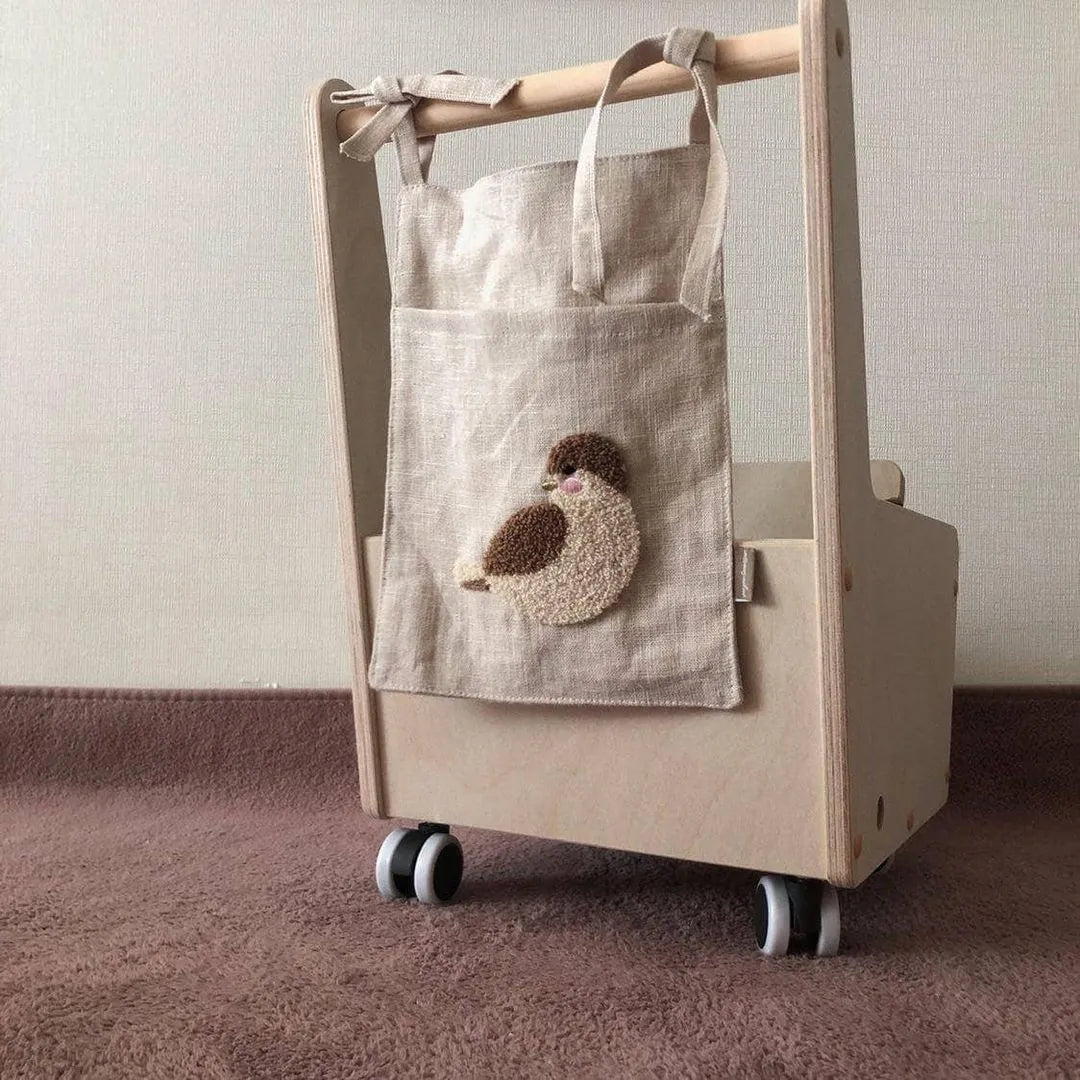 Khaki cotton linen hanging storage bag with single pocket for bedside organisation