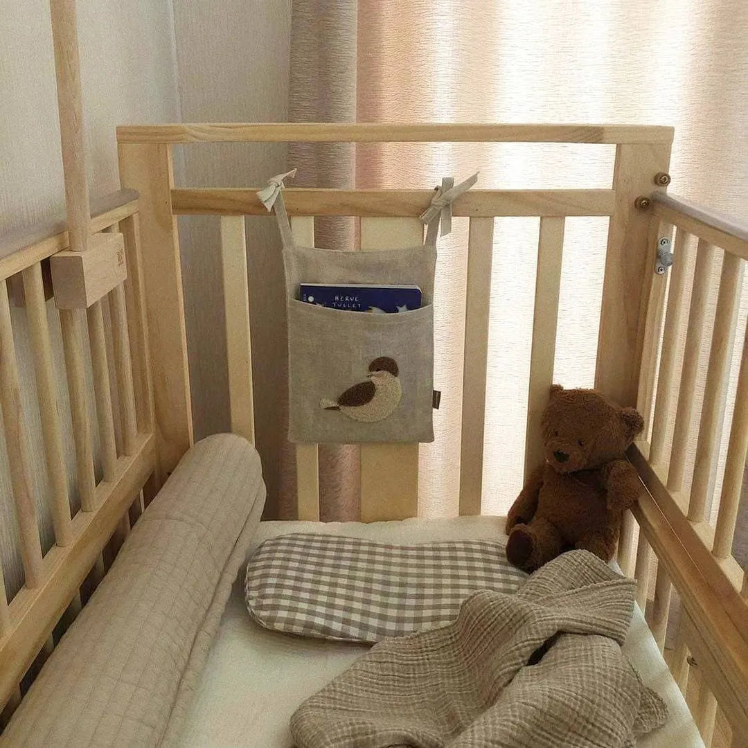 Khaki cotton linen hanging storage bag with single pocket for bedside organisation
