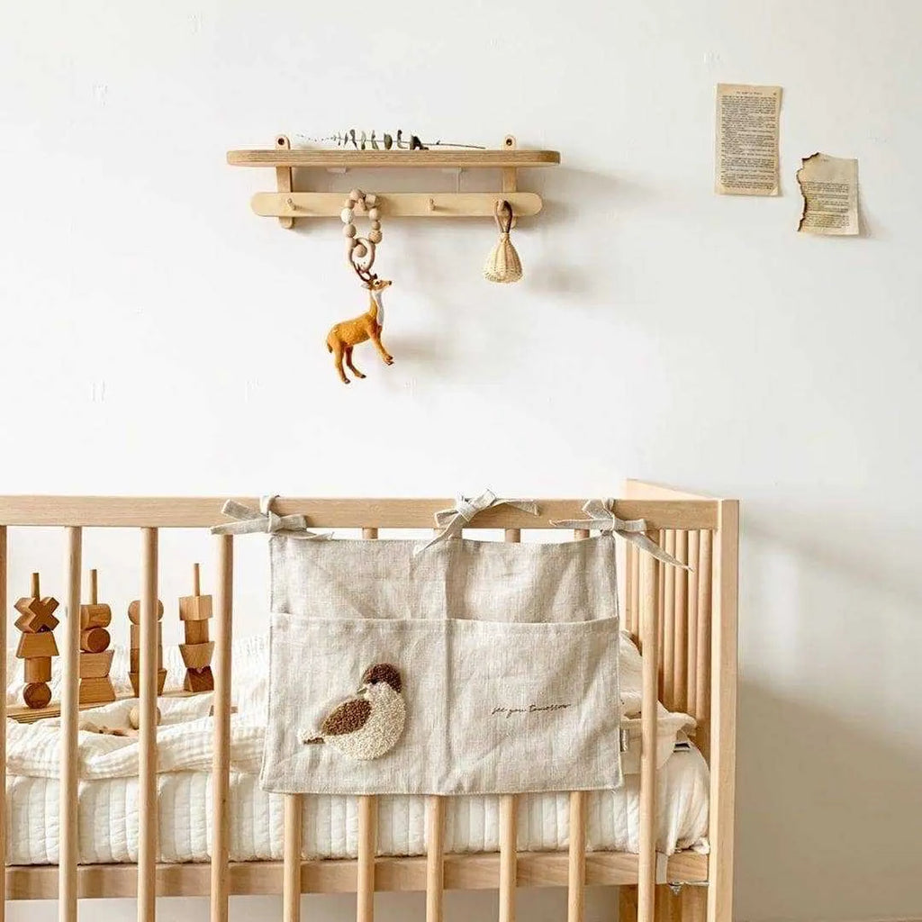 Khaki cotton linen hanging storage bag with single pocket for bedside organisation