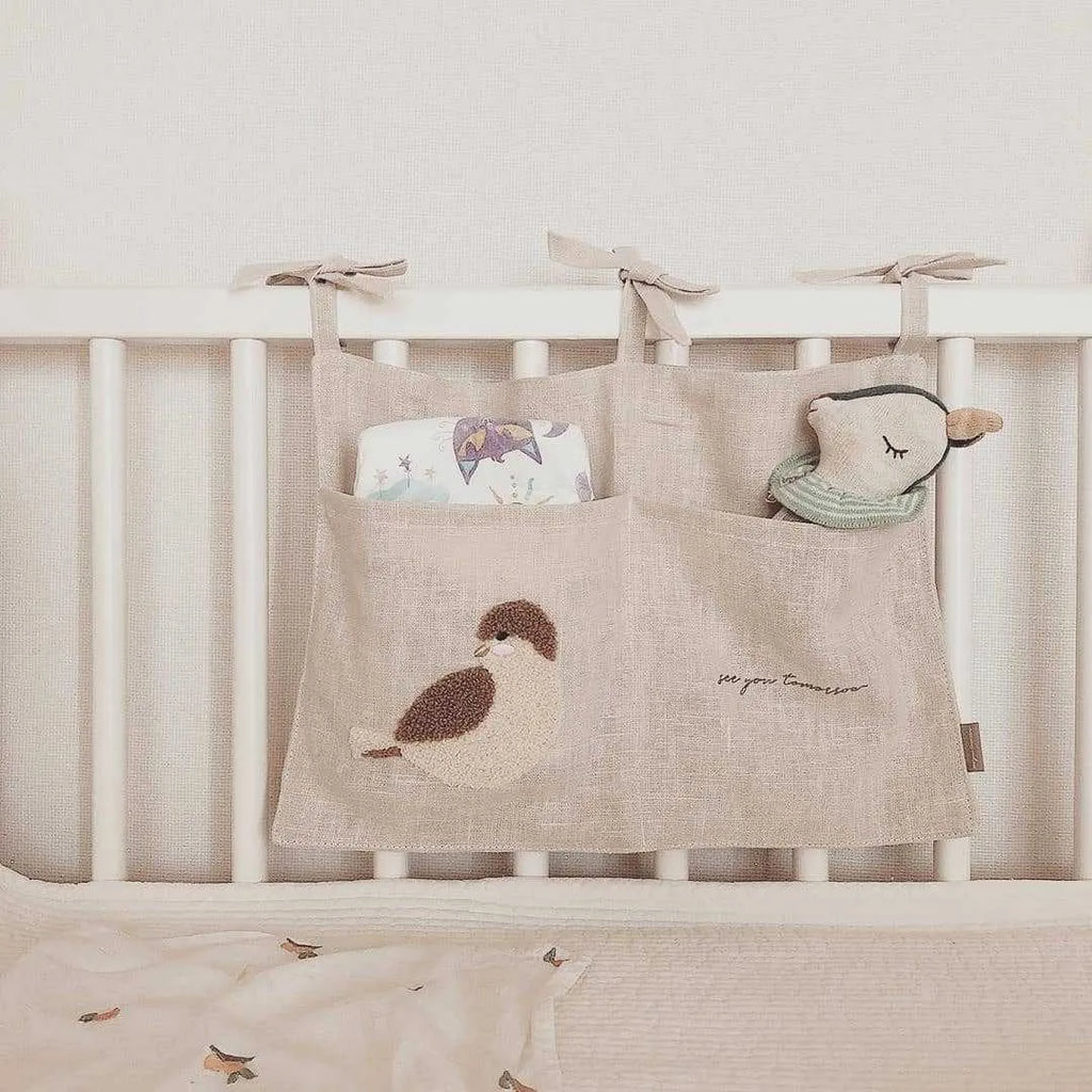 Khaki cotton linen hanging storage bag with single pocket for bedside organisation
