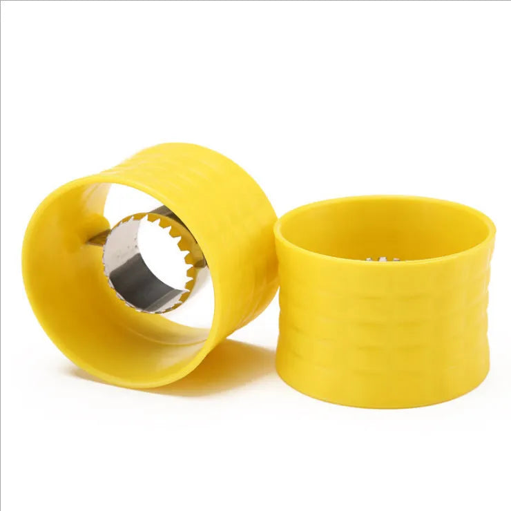 Yellow manual corn grinder thresher with corn-kernel-shaped PP body and stainless steel gear.