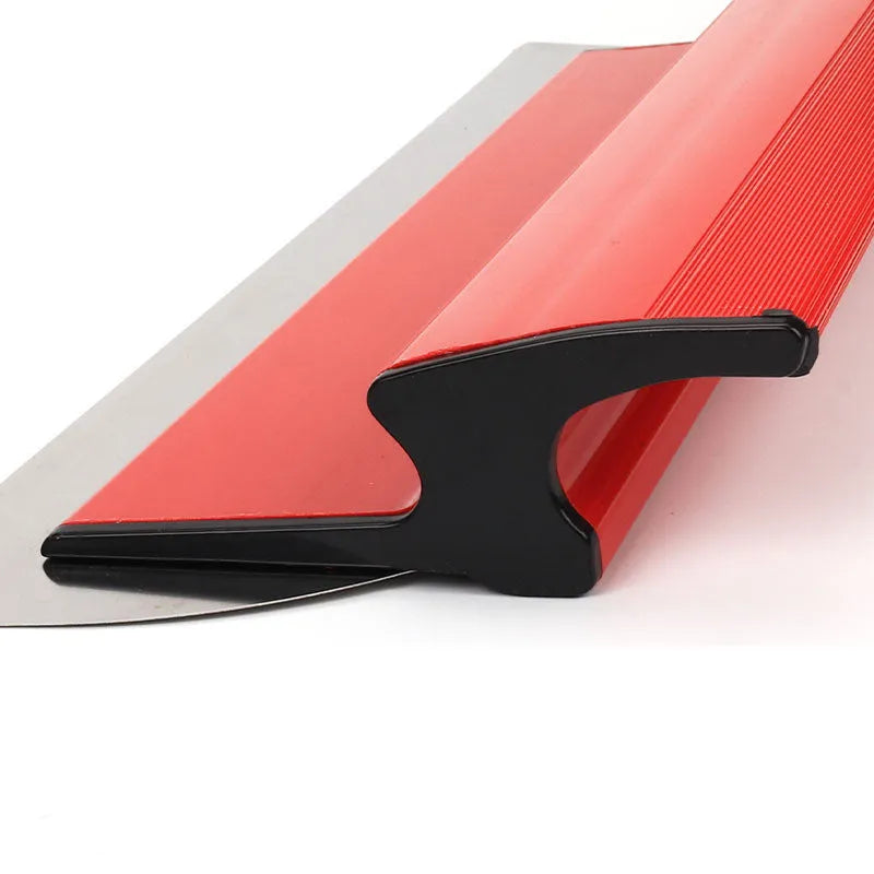A red and grey 40cm leveling scraper tool for wall putty and wallpaper work.