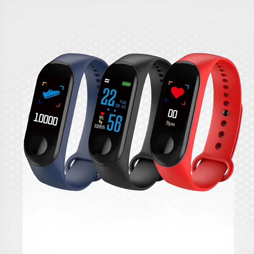 M3 smart fitness bracelet with colour screen showing heart rate data on a black TPE wristband.